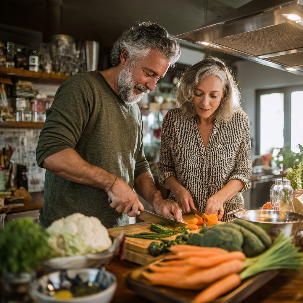 Middle-aged adults preparing healthy meals together in modern kitchen