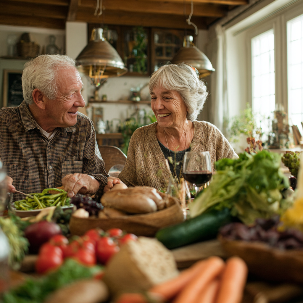 Older adults enjoying fresh vegetables and whole grains in bright dining room